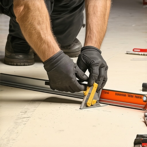 Professional carpenter measuring subfloor variation with a straight edge for flooring installation.