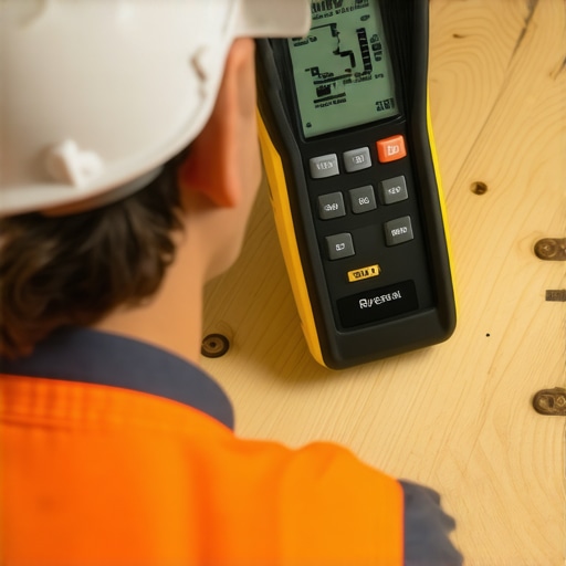 A moisture meter tool being used on a wooden subfloor to ensure it is ready for flooring installation.