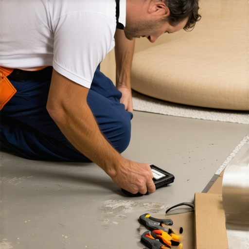 Checking Subfloor Moisture Levels Installer testing concrete moisture before carpet installation to prevent transition failure.