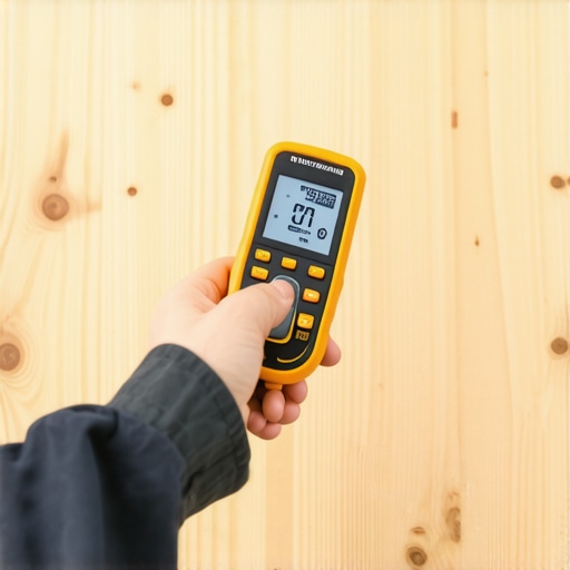 Checking Subfloor Moisture Levels A digital pinless moisture meter being used to check plywood subfloor moisture before flooring installation.