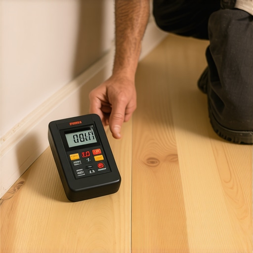 Professional using a moisture meter on a subfloor to check for dampness before carpet installation.