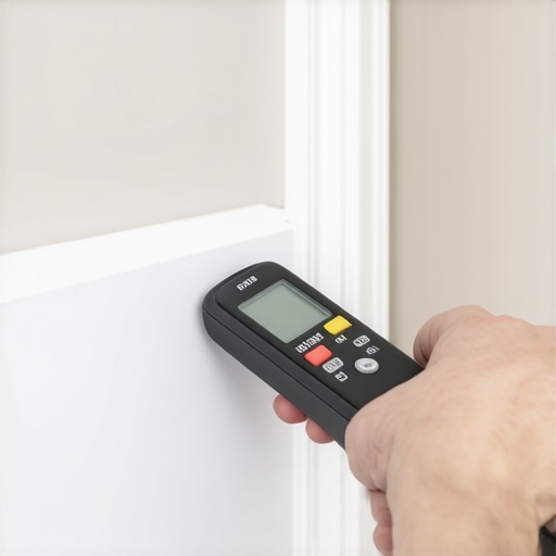 Using a moisture meter on a white wooden baseboard