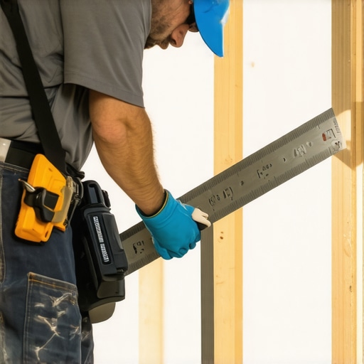 Checking subfloor flatness before flooring installation Straight edge tool measuring a dip in a wooden subfloor
