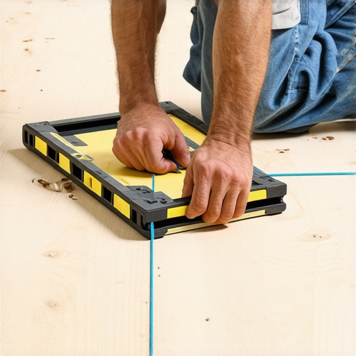 Contractor using a level to check for subfloor dips and peaks before flooring installation.