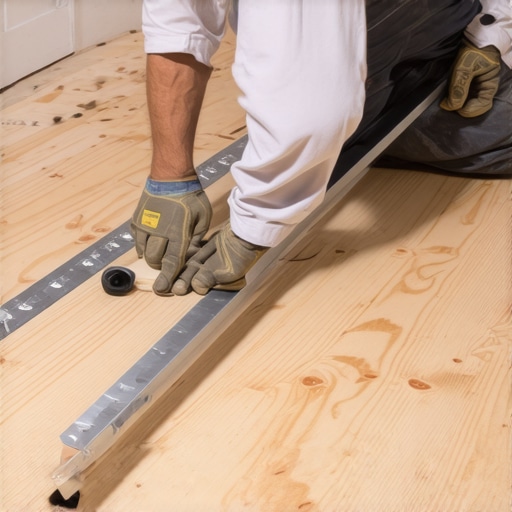 A professional flooring installer measuring subfloor flatness using a long metal straight edge.