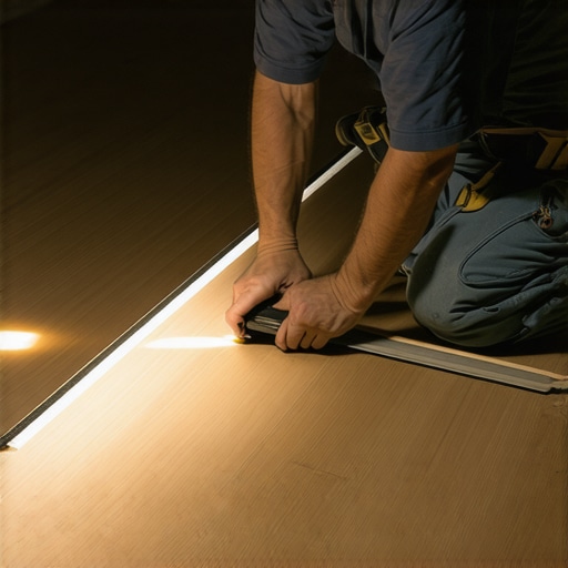 A professional checking for subfloor dips and flatness before installing new flooring.
