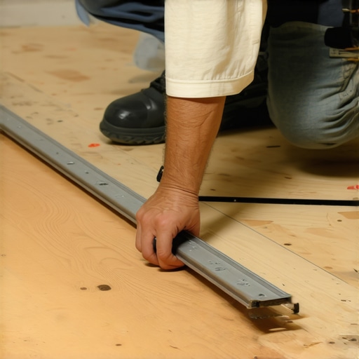 Checking subfloor flatness with a straight edge A contractor using a straight edge to identify dips in a plywood subfloor before flooring installation.