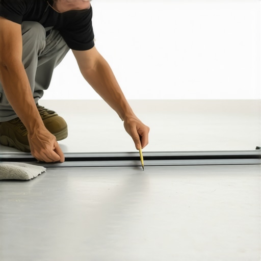Checking subfloor flatness with a straight edge A contractor using a level to identify low spots on a concrete subfloor before installing vinyl plank flooring.