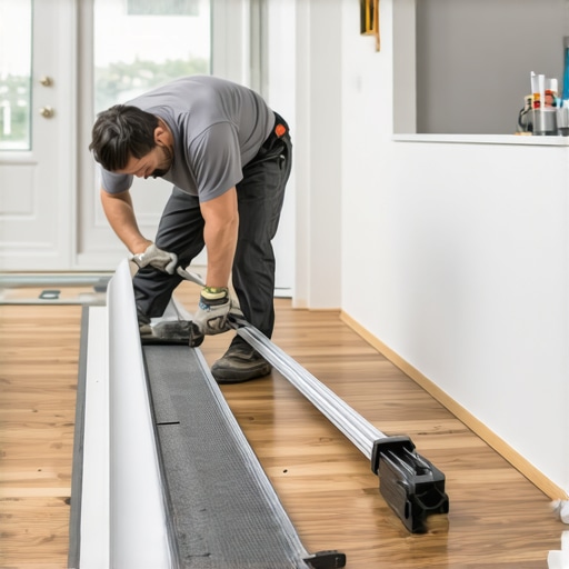 Checking subfloor flatness with a straight edge A contractor measuring subfloor flatness to ensure a perfect flooring installation.