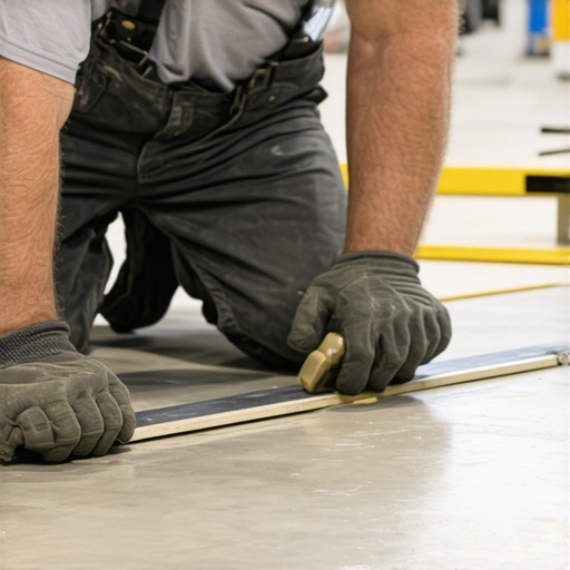 A contractor measuring floor flatness to avoid hollow spots in vinyl plank installation.