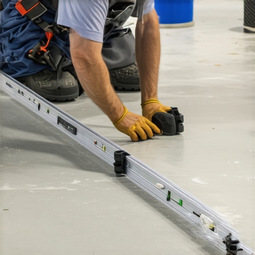 Checking subfloor flatness with a straightedge Contractor measuring subfloor levelness for vinyl plank installation