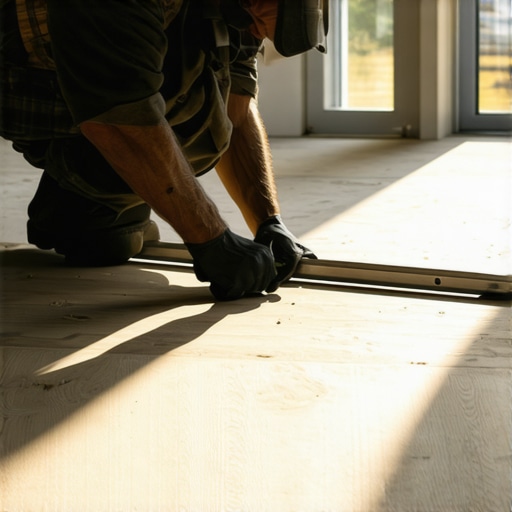 Checking subfloor flatness with a straightedge Contractor checking for floor flatness gaps to prevent vinyl plank clicking.