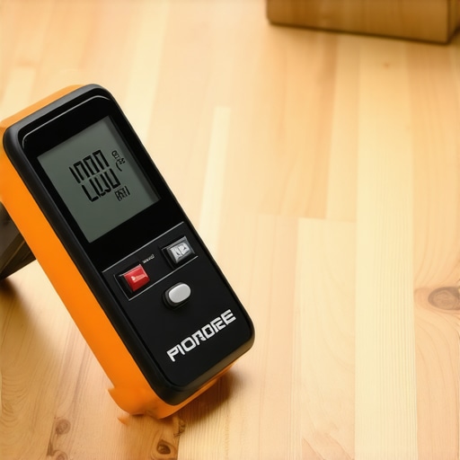 A hand using a digital moisture meter on a plywood subfloor to ensure proper acclimation for hardwood flooring.