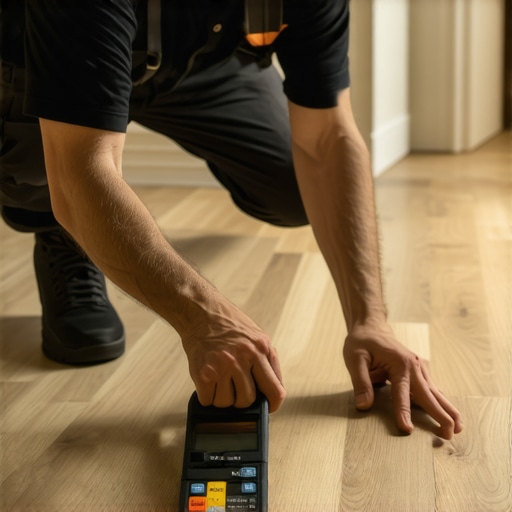 A close-up shot of a moisture meter being used on a subfloor to ensure it is dry enough for flooring installation.