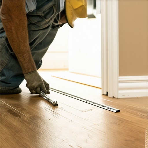 Contractor measuring expansion gap for vinyl flooring installation