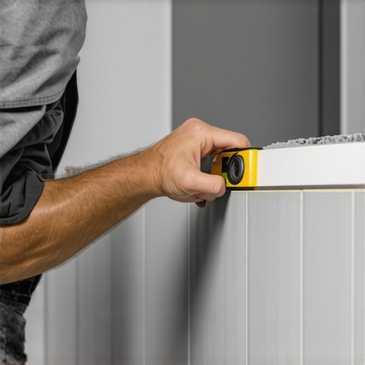 Professional checking the drainage slope of a shower niche with a spirit level