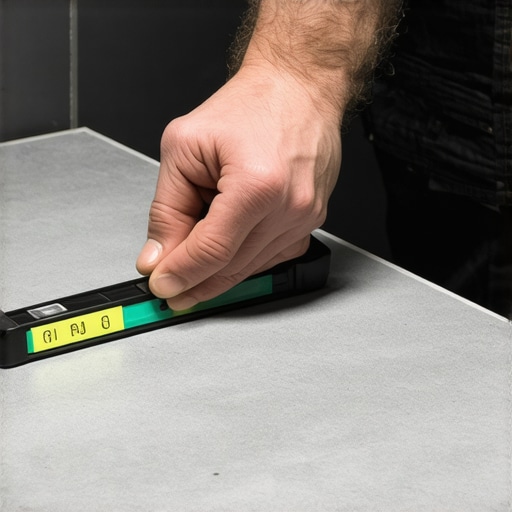 Checking the shower bench pitch with a level A spirit level showing a 1/4-inch slope on a shower seat for proper drainage.