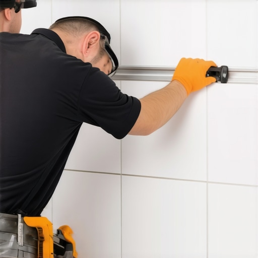 Checking wall flatness for large format tile A professional using a straightedge to verify substrate flatness for a porcelain tile installation.