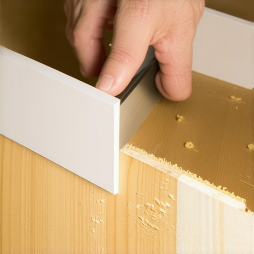 Coping a Baseboard Joint Hands using a coping saw to cut a back-cut into a white baseboard profile.