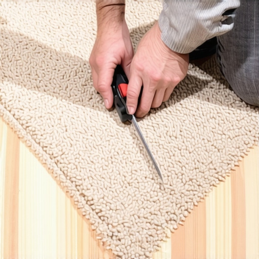 Hand using a utility knife to cut a square carpet patch from a closet corner
