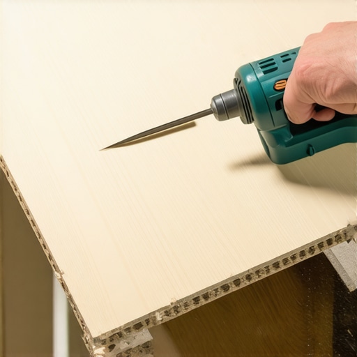 Professional flooring contractor using a multi-tool to make a precision box cut for an HVAC register.