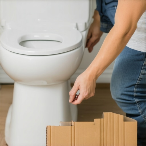 Step-by-step process of using a cardboard template to trace a toilet curve for vinyl floor installation.