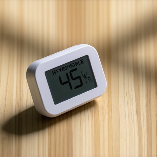 A digital hygrometer showing 45 percent humidity sitting on a stable hardwood floor.