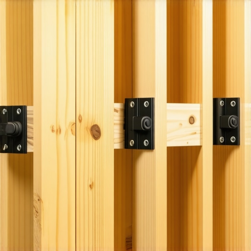 A cross-section view of reinforced wooden studs in a bathroom wall designed to support a heavy glass shower door.