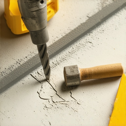 Contractor drilling into a concrete slab to install a transition strip anchor.