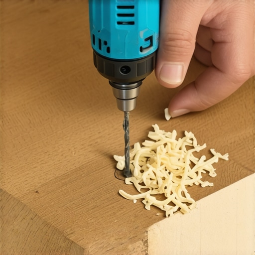 Close-up of a drill bit creating a pilot hole in a wooden staircase for repair.