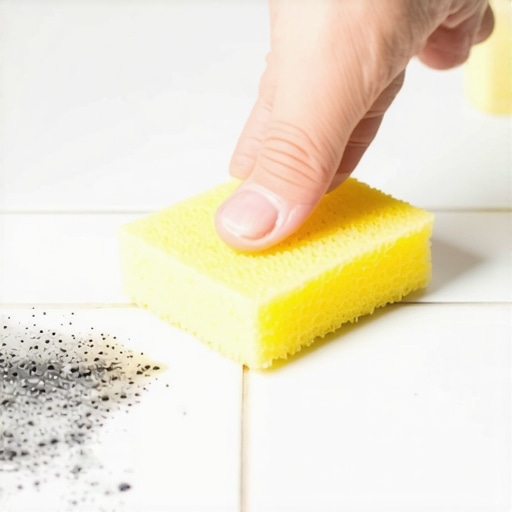 A person cleaning grout haze easily from a white tile surface using a sponge.