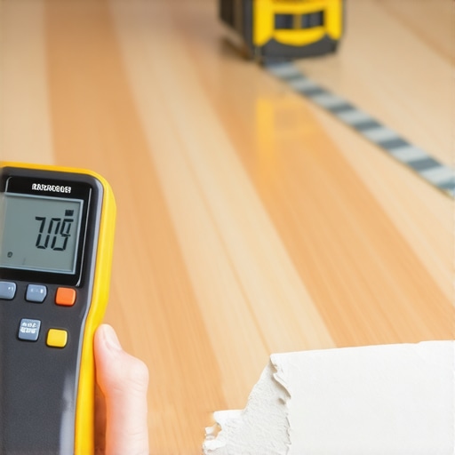 Essential Flooring Installation Tools Professional moisture meter and laser level being used for flooring installation.