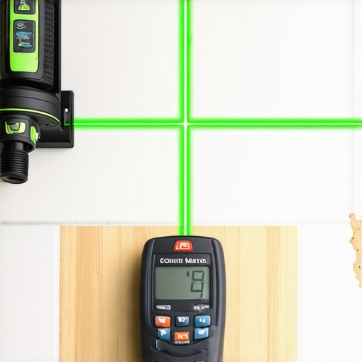Laser level and moisture meter used for professional flooring and tile installation.