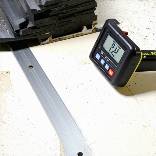 A digital moisture meter and straight edge on a concrete subfloor
