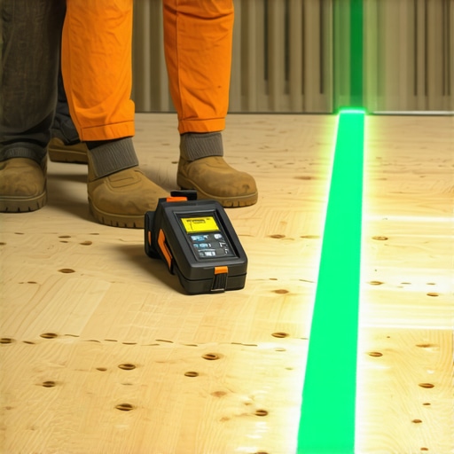 Moisture meter and laser level being used on a flooring project