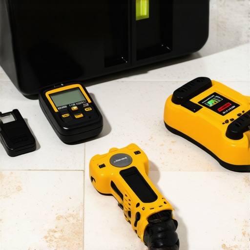 Close-up of oscillating tool, moisture meter, and laser level on new tile.