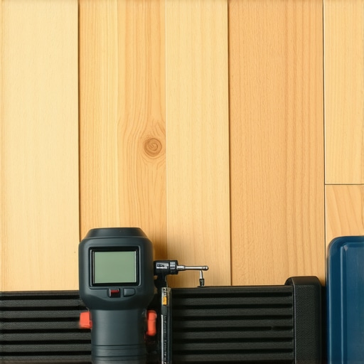 Professional flooring tools including a moisture meter and pin nailer on hardwood.