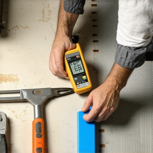 Essential Professional Tools for Floor Maintenance Professional flooring tools including a moisture meter and coping saw on a work surface.