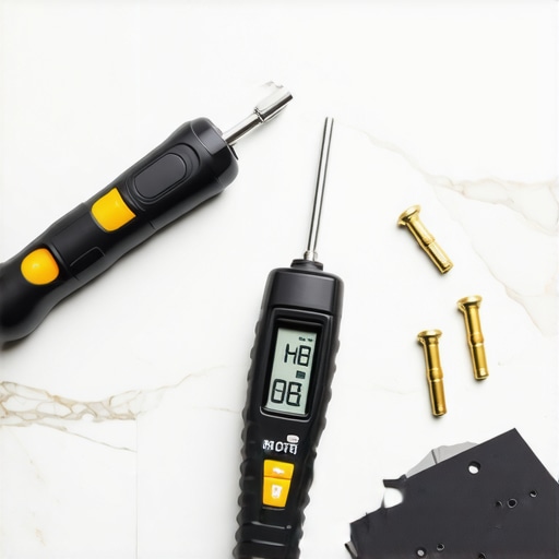Essential Professional Tools for Shower Maintenance High-quality screwdriver and moisture meter for shower door and flooring repair.