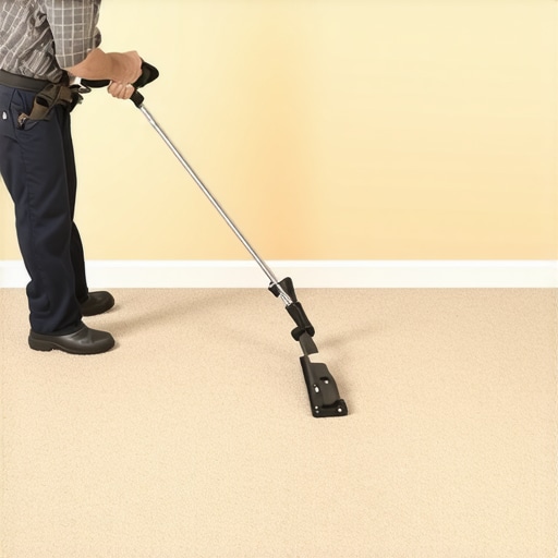 Essential Tools for Carpet Stretching Power stretcher tool being used to tension carpet and prevent buckling.