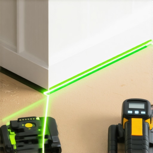 A laser level and trim puller on a subfloor illustrating professional flooring installation tools.