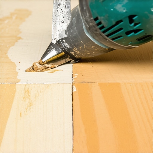Contractor using a heat gun and scraper to remove floor glue