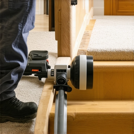 Expert Stair Carpet Tensioning Technique Professional carpet kicker being used on stair tread to secure tension.