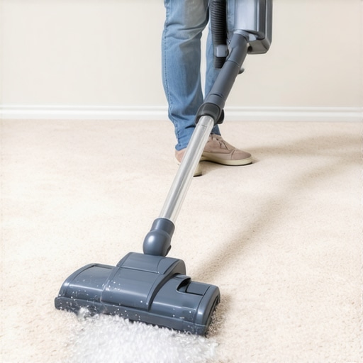 Extracting soap residue from carpet A close up of a shop vac nozzle removing liquid from a cream colored carpet to fix crunchiness.