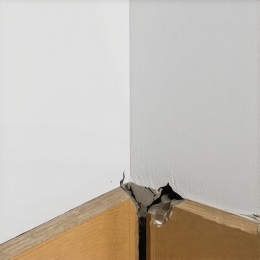 Close-up of a baseboard corner miter joint that has opened up due to seasonal wood shrinkage.