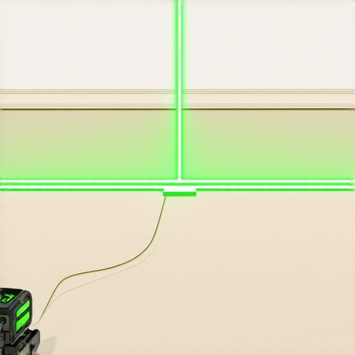 A professional green beam laser level being used to ensure a perfectly level subfloor during a home renovation.