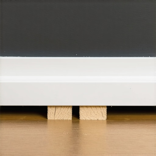 Installing Baseboards with the Double-Butt Method Close-up of baseboard installation using wood shims for leveling on uneven floors.