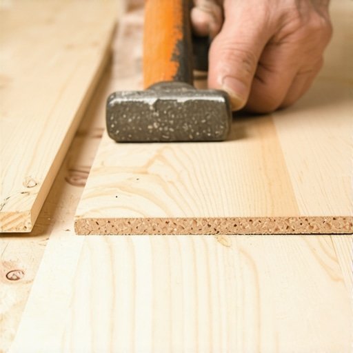 Close-up of dead blow hammer and tapping block used on laminate flooring installation.