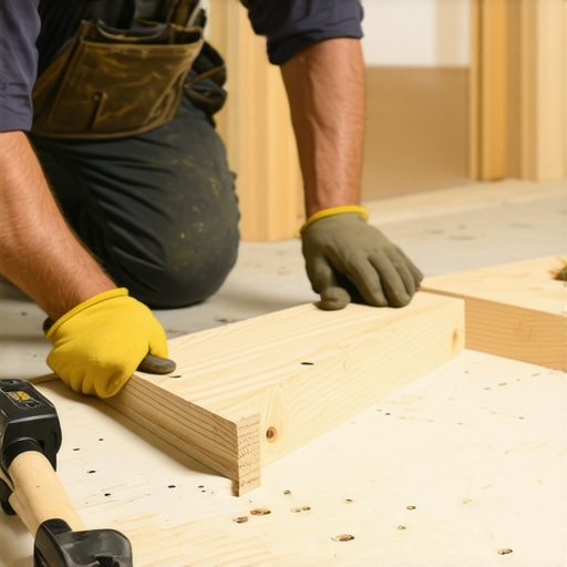 Installing Subfloor Support Cleats A person reinforcing a subfloor hole with wooden cleats before carpet installation.