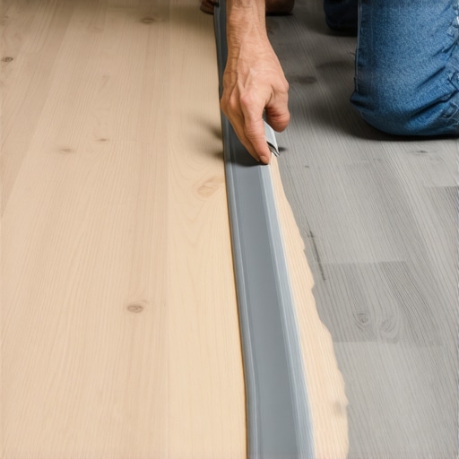 A professional securing a metal transition track between two sections of floating vinyl plank flooring.